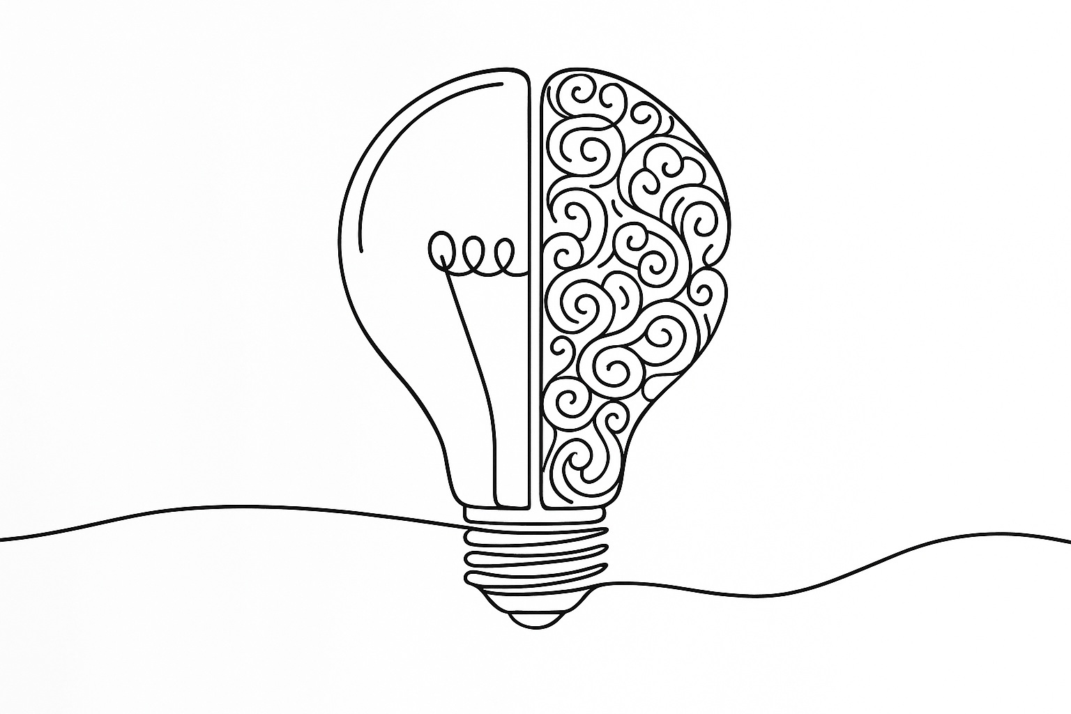 Creative lightbulb illustration with half showing simple lines and half filled with decorative swirls, symbolizing the harmony between logic and faith